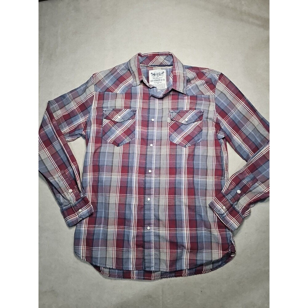 Levis Vtg Shirt Mens Med Red/Blue Western Plaid Pearl Snap White Tab Long Sleeve